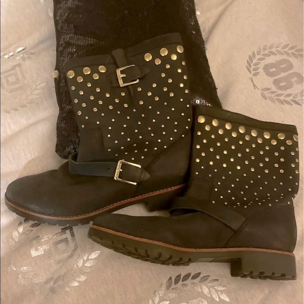 Size 6.5 Sperry black leather & gold tone combat moto boots